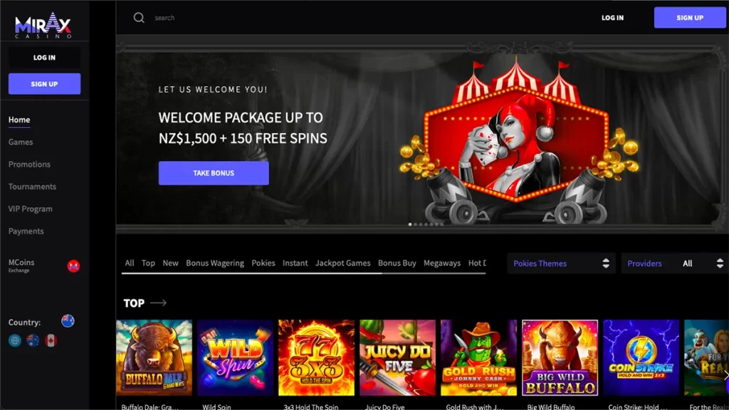 Mirax Casino Canada homepage