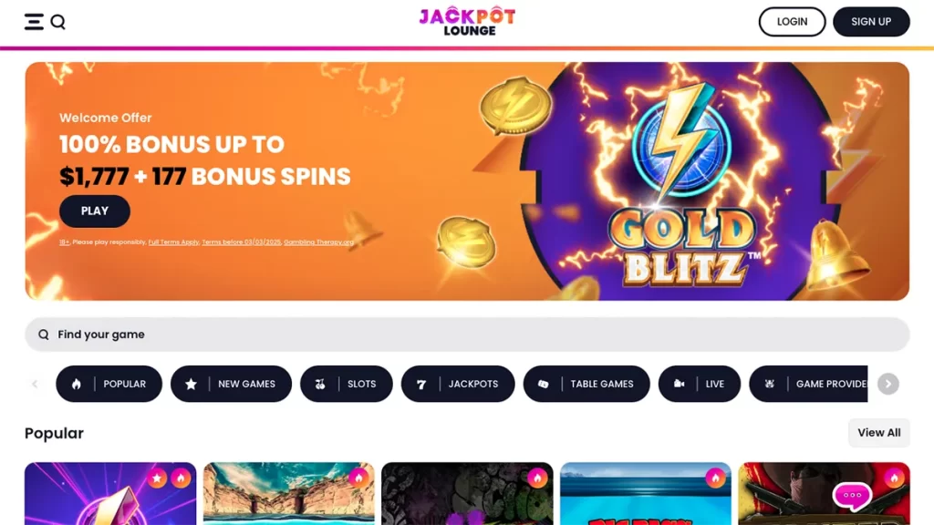 Jackpot Lounge Casino Homepage Screenshot