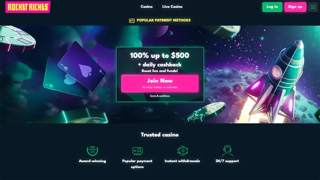 Rocket Riches Casino Canada homepage screenshot